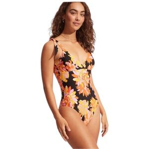 Seafolly Palm Springs Floral Black and Orange One Piece Swimsuit Size 10